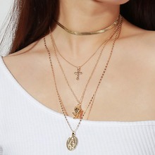 Ожерелье женское многослойное в богемном стиле, винтажный чокер золотистого и серебристого цвета с подвеской-крестом, вечернее ювелирное изделие, хороший подарок 2024 - купить недорого