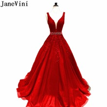 JaneVini Elegant Long Red Prom Dress 2019 A-Line Deep V Neck Appliques Beaded Tulle Sweep Train Formal Dresses Galajurken Lang 2024 - buy cheap