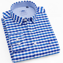 Camisa xadrez oxford masculina, camisa de algodão para homens casual com manga comprida e bolso 2024 - compre barato
