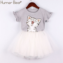 Комплект летней одежды для девочек Humor Bear, футболка с коротким рукавом и рисунком кота + сетчатая юбка, комплект из 2 предметов, одежда для маленьких девочек, 2019 2024 - купить недорого