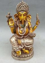 Бесплатная доставка shitou 002152 6,7 "тибетская Позолоченная серебряная Бронзовая статуя слона с головой Бога Ганеша 2024 - купить недорого