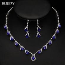 BLIJERY Moda Azul Royal Cristal Conjuntos De Jóias de Noiva para Mulheres Casamento Waterdrops BRINCOS + COLAR SET Acessórios Vestido de Baile 2024 - compre barato