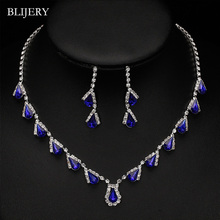 BLIJERY Fashion Royal Blue Crystal Bridal Jewelry Sets for Women Waterdrops Wedding NECKLACE+EARRINGS SET Prom Dress Accessories 2024 - buy cheap