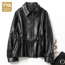 Luxury Sheepskin Oversize Loose Drawstring Genuine Leather Jacket Women Fashion Casual Designer Long Sleeve Real Leather Coats 2024 - buy cheap