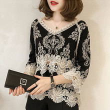 Korean Vintage Lace Blouses Women Crop Tops Hollow Out Lace Shirts Female Elegant Floral Embroidery 2022 Summer Blouse For Woman 2024 - buy cheap