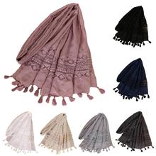 Cachecol feminino com borla liso, lenço de algodão muçulmano hijab envoltório grande pega purpurina pashmina fashion 210*70cm 2024 - compre barato