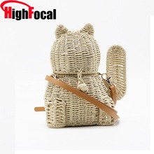 Highfocal bolsas femininas de palha, bolsa tiracolo fashion da sorte gato atravessada para meninas 2024 - compre barato