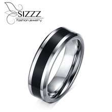 Sizzz anel de casamento masculino, anel de tungstênio com incrustação de fibra de carbono preto de 6mm, joias tamanho 7 a 12 2024 - compre barato