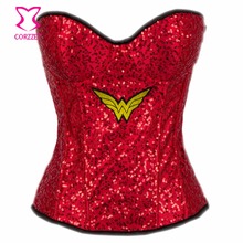 Corzzet Red Sequins Superwoman Overbust Steampunk corsets And Bustiers Waist Trainer Burlesque Woman Sexy Costume Gothic Corset 2024 - buy cheap