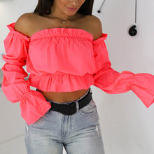 2019 Candy Color Off Shoulder Crop Tops women Summer dot print lantern sleeve shirts Lady Sexy Slash neck beach blouse 2024 - buy cheap