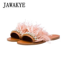 JAWAKYE Pink Blue Feather Flat Slippers Women Crystal Open Toe flipflops Flats Sandals Summer Shoes Fur Slides Beach Slippers 2024 - buy cheap
