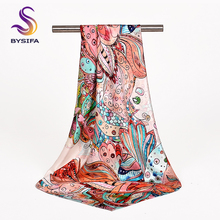 [BYSIFA] Новый брендовый женский розовый 100% шелковый шарф, модный роскошный цветочный узор, женские квадратные шарфы, весна-осень, шарф с круглым вырезом 2024 - купить недорого