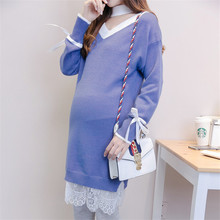 Pregnant Women Long Pullover Winter Knitted Sweater V-neck Contrast Color Casual Maternity Clothings Full Sleeve Knee-Length 2024 - buy cheap