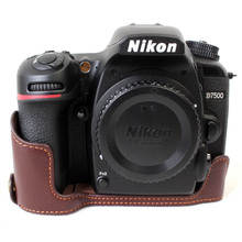 Estojo para câmera nikon d7500, metade de couro genuíno preto, café e marrom com abertura de bateria 2024 - compre barato
