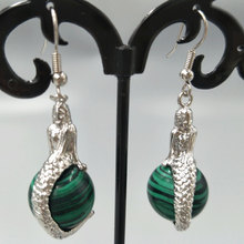 Free Shipping Women Fashion Jewelry  14mm Malachite Mermaid Spherical Beads Dangle Earrings C5313 2024 - buy cheap