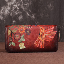 Женский Длинный кошелек из натуральной кожи, удобная сумка на молнии, держатель для карт, роскошный винтажный женский кошелек-клатч с птичьим цветком 2024 - купить недорого