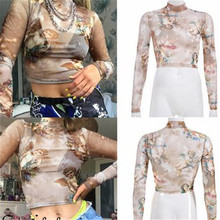 Women Long Sleeve See Through Sheer Mesh Angel Printed Top T-Shirt Top Ladies Printed Sexy Trendy Crop Top Tees Shirts Female 2024 - buy cheap