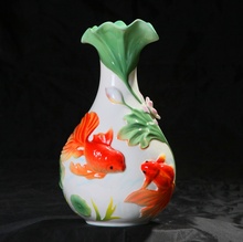 Retro Chinese Ceramics Golden Fish Lovers Relief Flower Vase Decorative Porcelain Lotus Flask Chinaware Ornament Gift and Craft 2024 - buy cheap