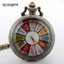 Bronze Colorful Wheel Rome Pocket Watch Necklace Pendant Chain Vintage Steampunk Quartz watches mens relogio de bolso 2024 - buy cheap