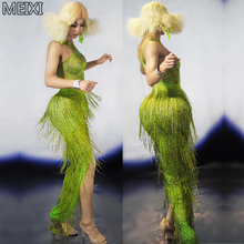 Green grass green slim fringe one-piece dress birthday party nightclub bar concert DJ singer/dancer costume 2024 - buy cheap