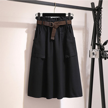 Midi Knee Length Summer Skirt Women With Belt 2019 Spring Casual Cotton Solid High Waist Sun School Skirt Female 2024 - buy cheap