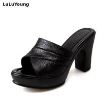 9.5cm bloco sandálias de salto alto para as mulheres verão moda plataforma couro genuíno peep toe senhoras sandálias 2024 - compre barato