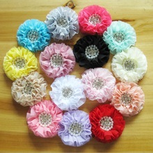 (120pcs/lot) 4" 15 Colors Vintage Chiffon Flower With Shiny Pearl Rihnestone Center For Headband Ruffed Flower Accessory 2024 - buy cheap