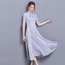 Летнее и весеннее китайское женское кружевное лоскутное платье на пуговицах, элегантное женское платье Qipao, женское платье с воротником-стойкой 3xl 2024 - купить недорого