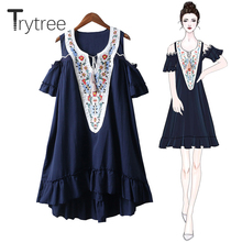 Trytree Summer Casual Dress Polyester Embroidery Floral Off the Shoulder Sleeve Women Dresses O-Neck Navy Ruffle Hem Loose Dress 2024 - buy cheap