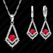 Top Sale CZ Crystal Rhombus Red Stones Pendant 925 Sterling Silver Necklace Earring For Woman Fine Jewelry Wedding  Gift Sets 2024 - buy cheap