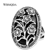 Ethnic Silver Color Hollow Heart Flower Ring Big Black Resin Stone Rings For Women Tibetan Jewelry Vintage Crystal Accessories 2024 - buy cheap