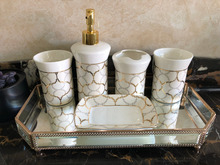 EU Style Mosaic Pattern Bathroom Five-piece Set White Ceramic Toiletry Kit Rinsing Mug+Lotion Bottle+Toothbrush Holder+Soap Dish 2024 - buy cheap