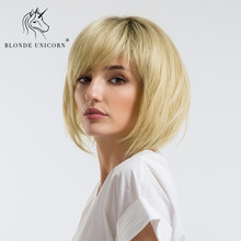 Блонд Единорог 12 дюймов Смешанные человеческие волосы и синтетический парик прямые темные корни Омбре блонд плечи длинные волосы парик для женщин 2024 - купить недорого