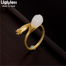 Uglyless 100% Real 925 Sterling Silver Flower Open Rings for Women Luxury Gold Plated Magnolia Ring Nature Jade Magnolia Jewelry 2024 - buy cheap