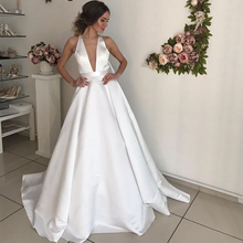 Sexy Deep V-neck Wedding Dress Halter Neck White Ivory Satin Bridal Dress Backless Robe De Maria Detachable Bow Vestido De Noiva 2024 - buy cheap