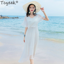 Tcyeek vestido de verão de seda feminino, vestido de praia branco elegante festa vermelha branca, maxi vestidos longos, verão 2020 cnl1538 2024 - compre barato