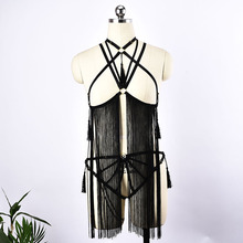 Vestido preto com borla, bondage para mulheres, lingerie transparente, calcinha de corpo e gaiolas 2024 - compre barato