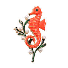 Free shipping fashion woman new jewelry Enamel orange imitation pearl animal hippocampus neutral brooch suit coat accessories 2024 - buy cheap