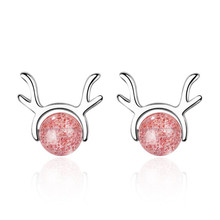 New Silver Plated Jewelry Simple Strawberry Crystal Antlers Pink And Gray Cute Deer Lovely Elk Stud Earrings XZE085 2024 - buy cheap