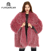 FURSARCAR New Fashion Winter Real Fur Jacket Women Full Pelt Fur With Striped Cut Raccoon Fur Coat 80 CM Long Fur Coat 2024 - buy cheap