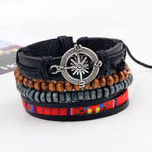 Conjunto de pulseras de cuero negro estilo Hippie bohemio para hombre y mujer, set de 4 unidades, Color plateado, brújula, azul marino 2024 - compra barato