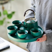 Juego de té de estilo japonés kongfu, vajilla para beber: tetera + 4 tazas de té + 1 bandeja, color verde, negro y blanco 2024 - compra barato