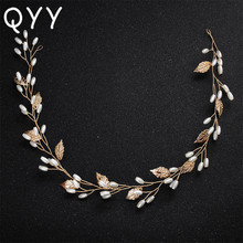 QYY Alloy Gold Leaf Pearls Vine Wedding Headband Crown Hair Jewelry Bridal Hair Accessories Headpieces Tiaras for Women 2024 - buy cheap