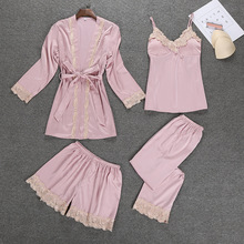 New Women Silk Satin Sleepwear Set New Robe+Slip Top+Pant+Shorts 4 Pieces Lace Nightwear Summer Pajama Set ELegant Home Clothing 2024 - buy cheap