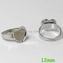 Bases de anillo de bisel blanco con almohadillas para Corazón, bandeja de vidrio, cabujón, anillo ajustable de bronce, tono plateado, interior de 12mm 2024 - compra barato