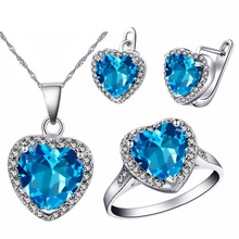 Almei Wedding Jewelry Sets Silver Zirconia Women Ring Earring and Necklaces Ocean Blue Heart Crystal Bijoux Femme Parure T009 2024 - buy cheap