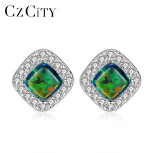 CZCITY Authentic 925 Sterling Silver Fashion Jewelry Stud Earrings for Women Rhombus Shape Trendy Design Bohemian Opal Earrings 2024 - buy cheap