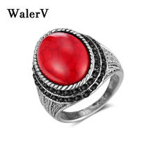 WalerV New Thai  Ring for Women Set Retro Style Classic Stripes Oval Red Turquoises Rings Prom Party.Anniversary Ring Gift 2024 - buy cheap