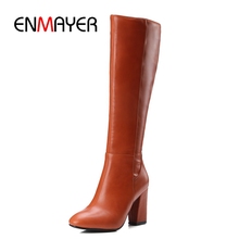 ENMAYER New Arrival women solid round toe square heel zip knee high boot lady fashion high heel boots Big size 34-43 ZYL688 2024 - buy cheap