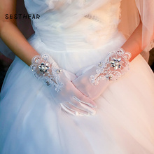 Guantes de novia con lentejuelas de encaje y diamantes de imitación, accesorios de boda 2024 - compra barato